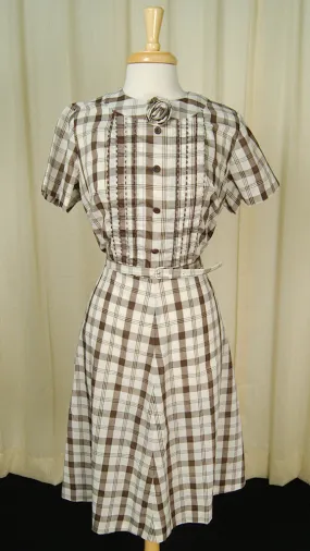 1950s Brown Checker Rose Dress