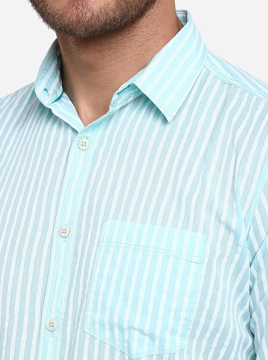 Aqua Blue Striped Slim Fit Casual Shirt | JadeBlue