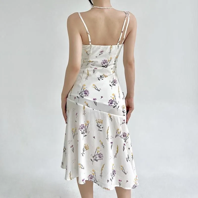 Asymmetric Slip Floral Print Scallop Hem Shift White Flare Dress