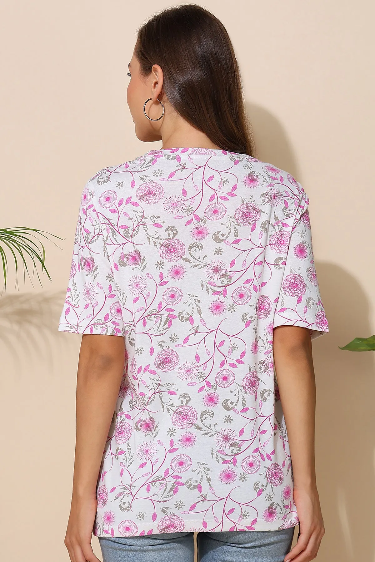 Baby Pink All Over Printed 100% Soft Cotton Zipless Maternity Feeding Top