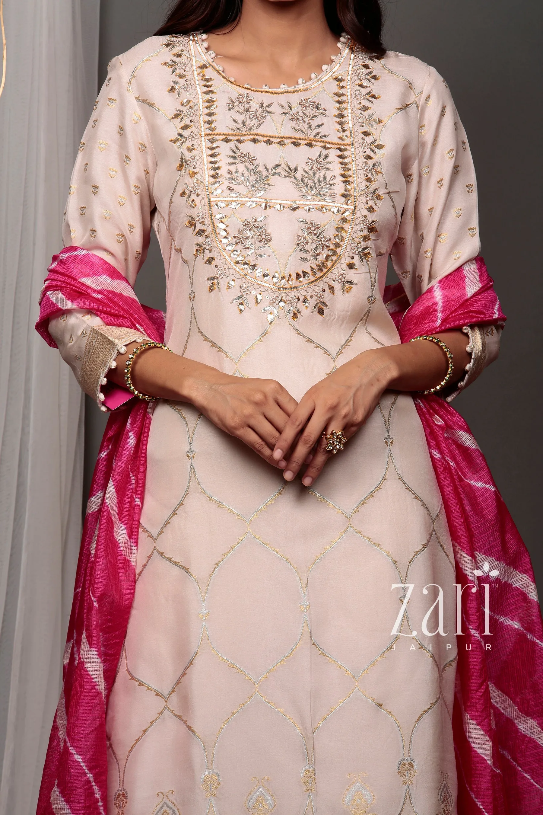 Banarsi Leheriya Banarasi brocade  Suit with Gota, Gota Patti, Pearl, Sequins, Zardozi work.