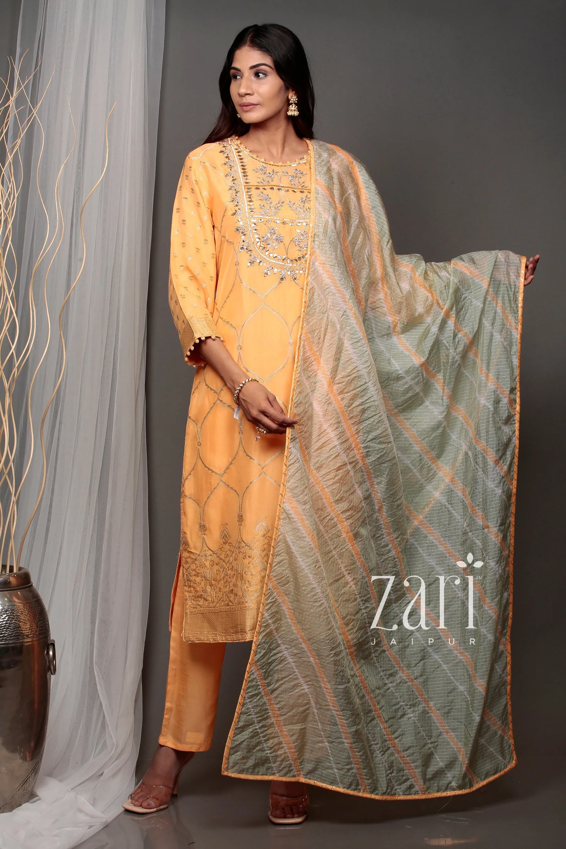 Banarsi Leheriya Banarasi brocade  Suit with Gota, Gota Patti, Pearl, Sequins, Zardozi work.