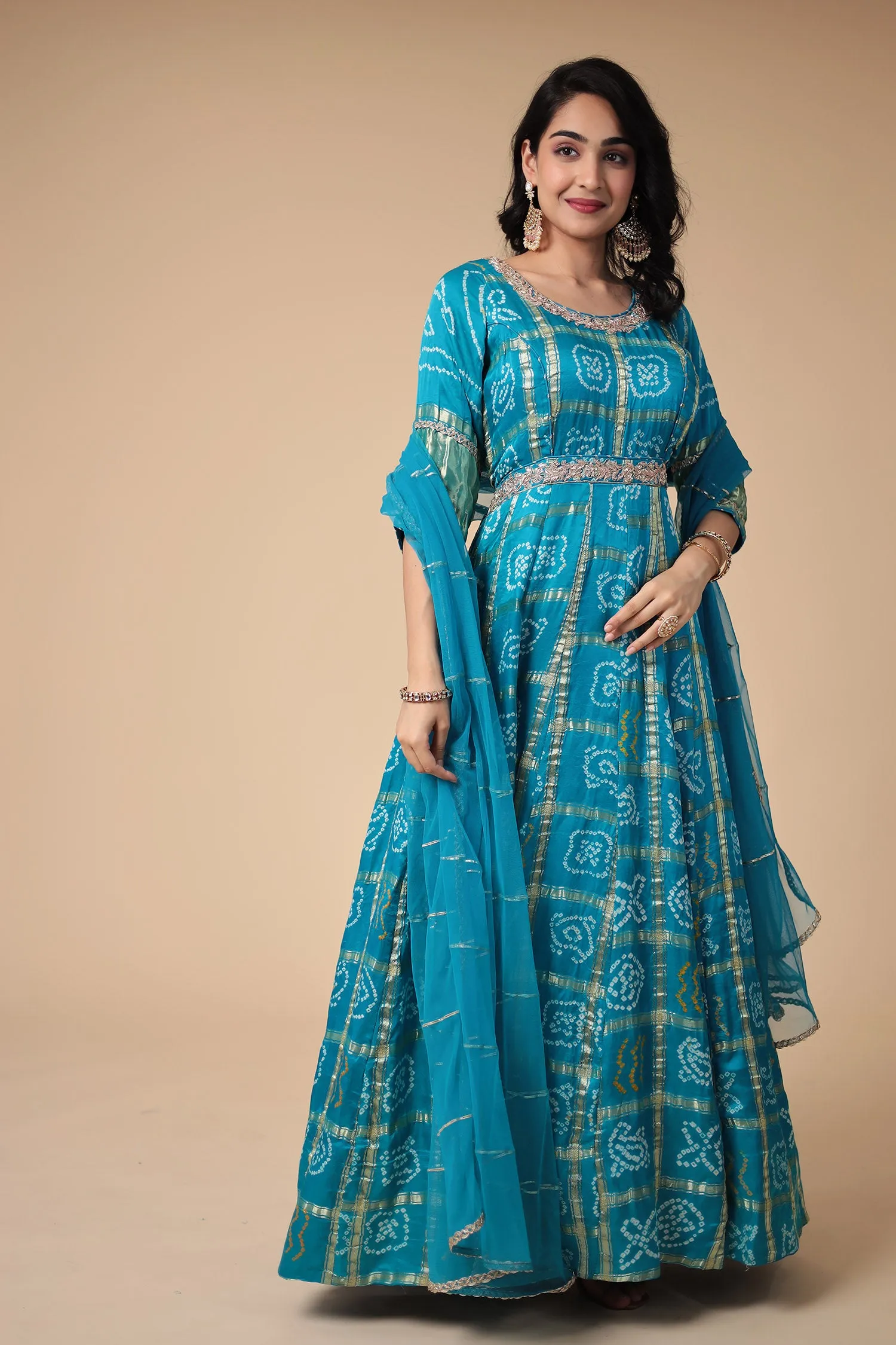 Bandhej Anarkali Ghatchola Silk Suit with Zardozi work