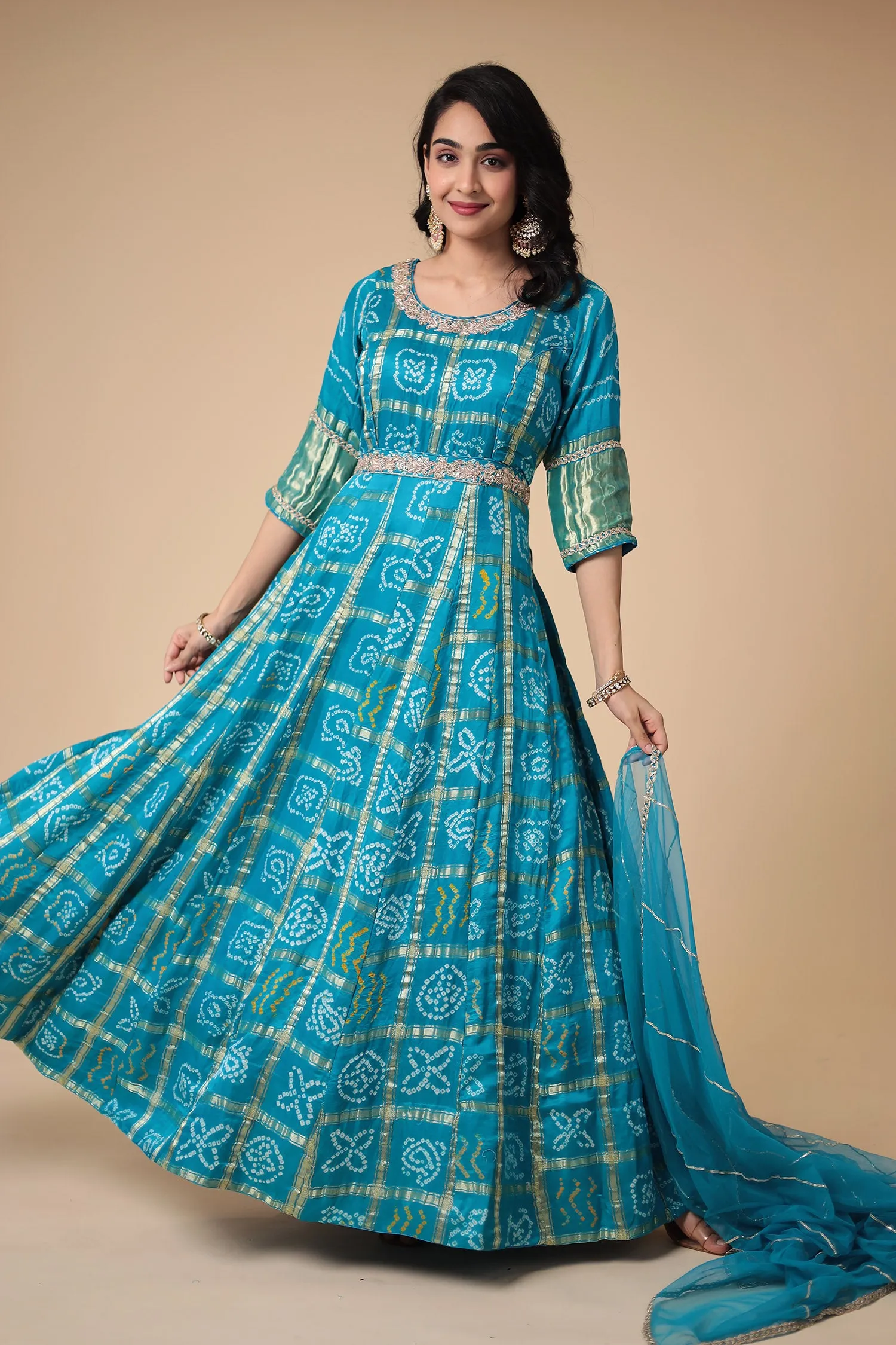 Bandhej Anarkali Ghatchola Silk Suit with Zardozi work