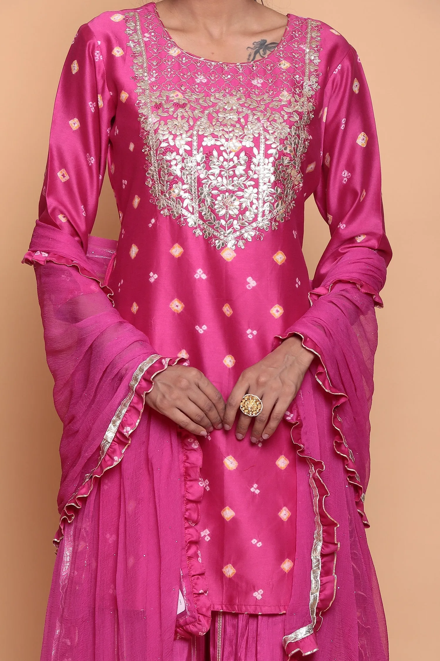 Bandhej Chanderi Suit with Gota Patti work.