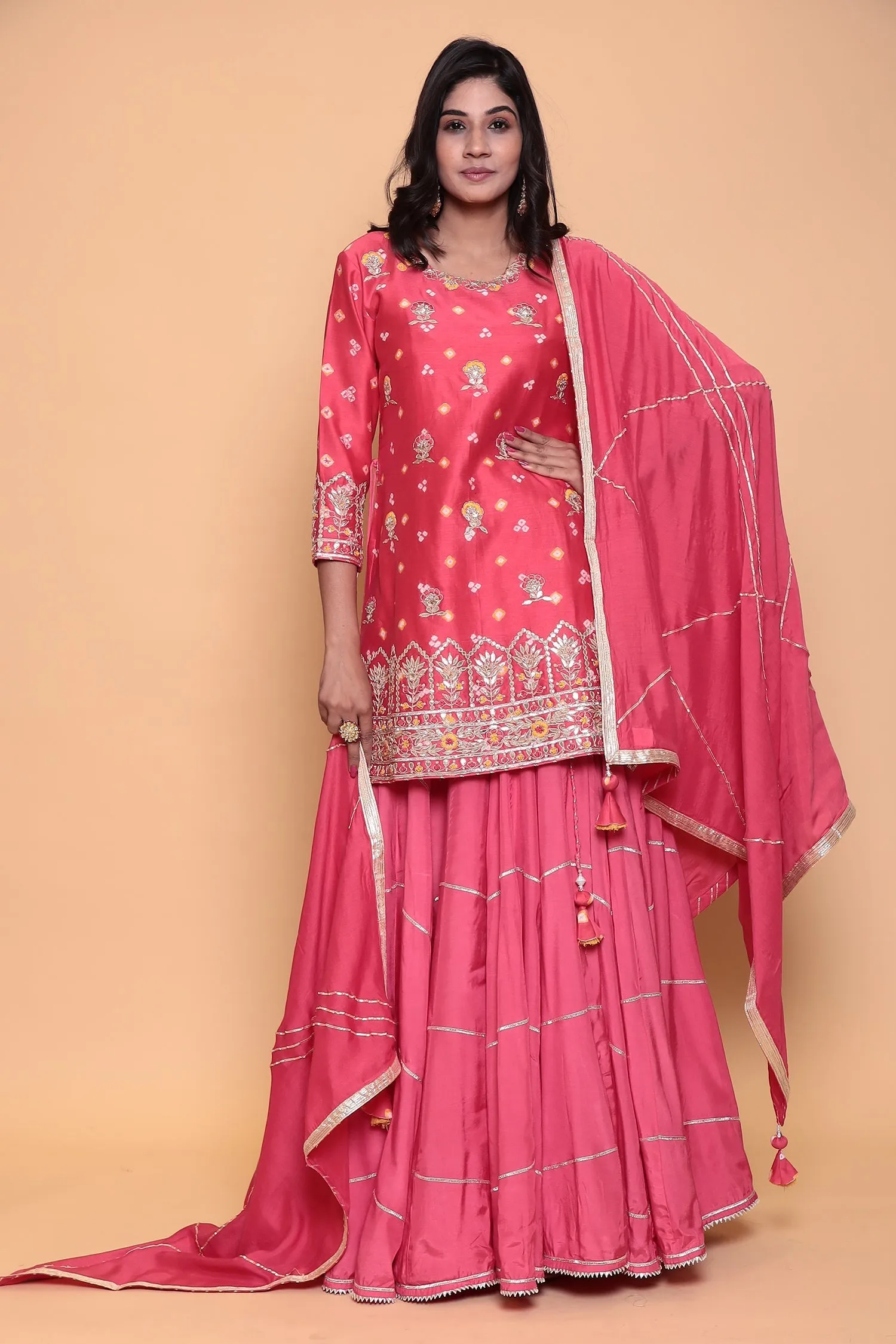 Bandhej Gota Patti Cotton Silk Suit with Gota Border.