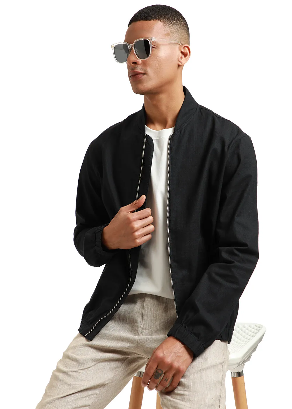 Black Bomber Linen Jacket