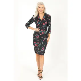 Black Collared Wiggle Dress in a Pink, White & Green Floral Print