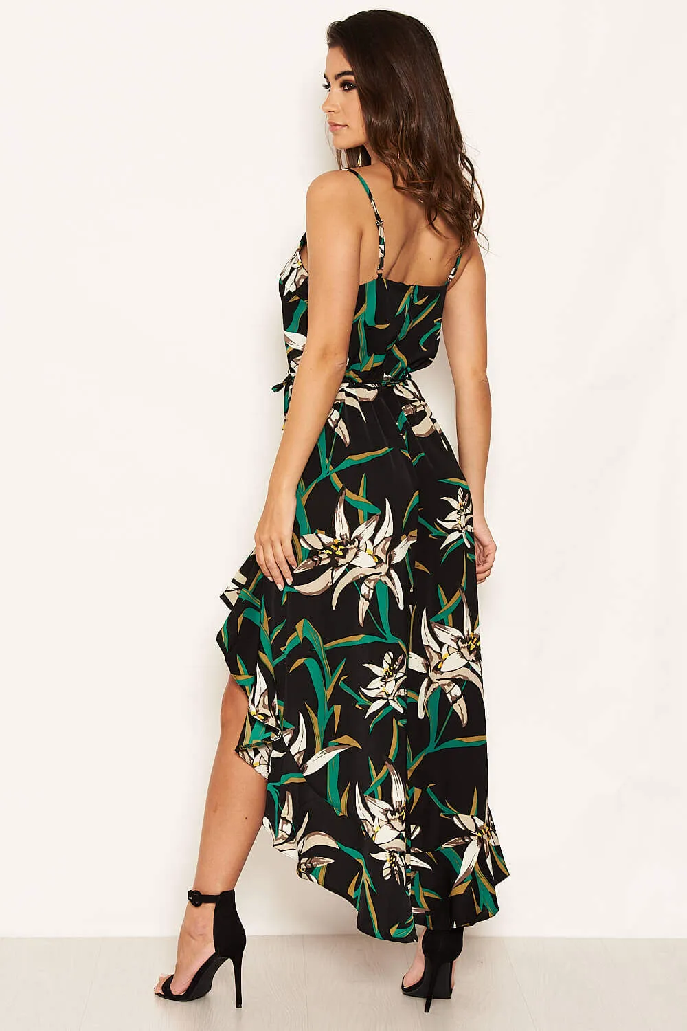 Black Floral Strappy Midi Dress with Side Split