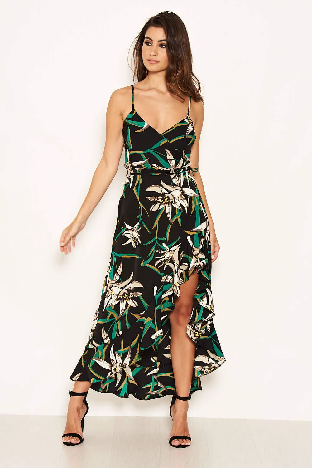 Black Floral Strappy Midi Dress with Side Split