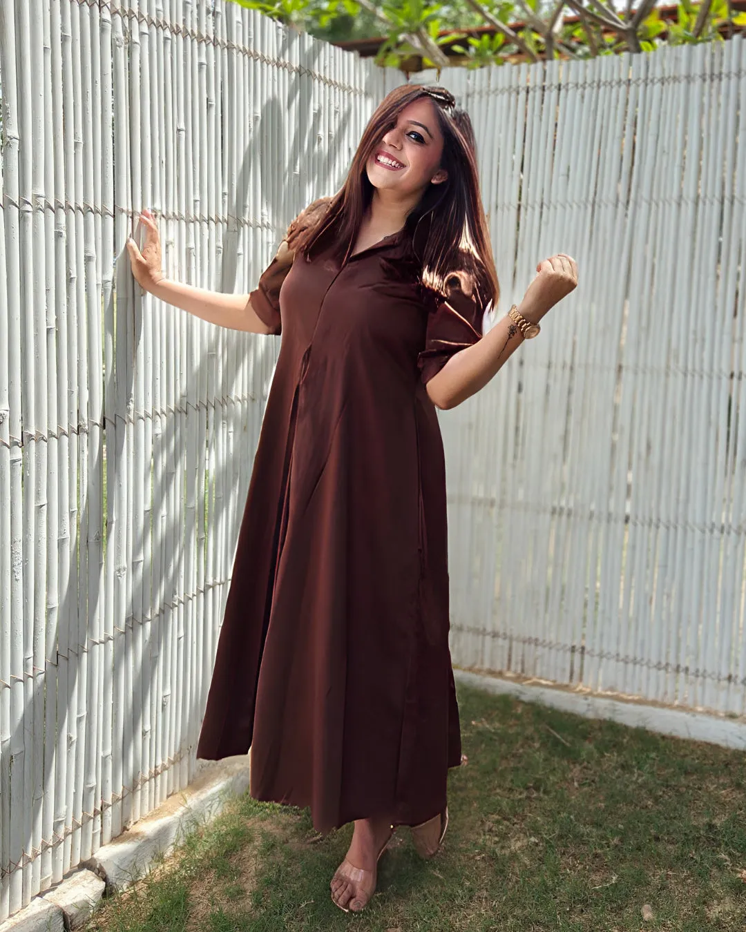 Brown Cotton A-line Dress