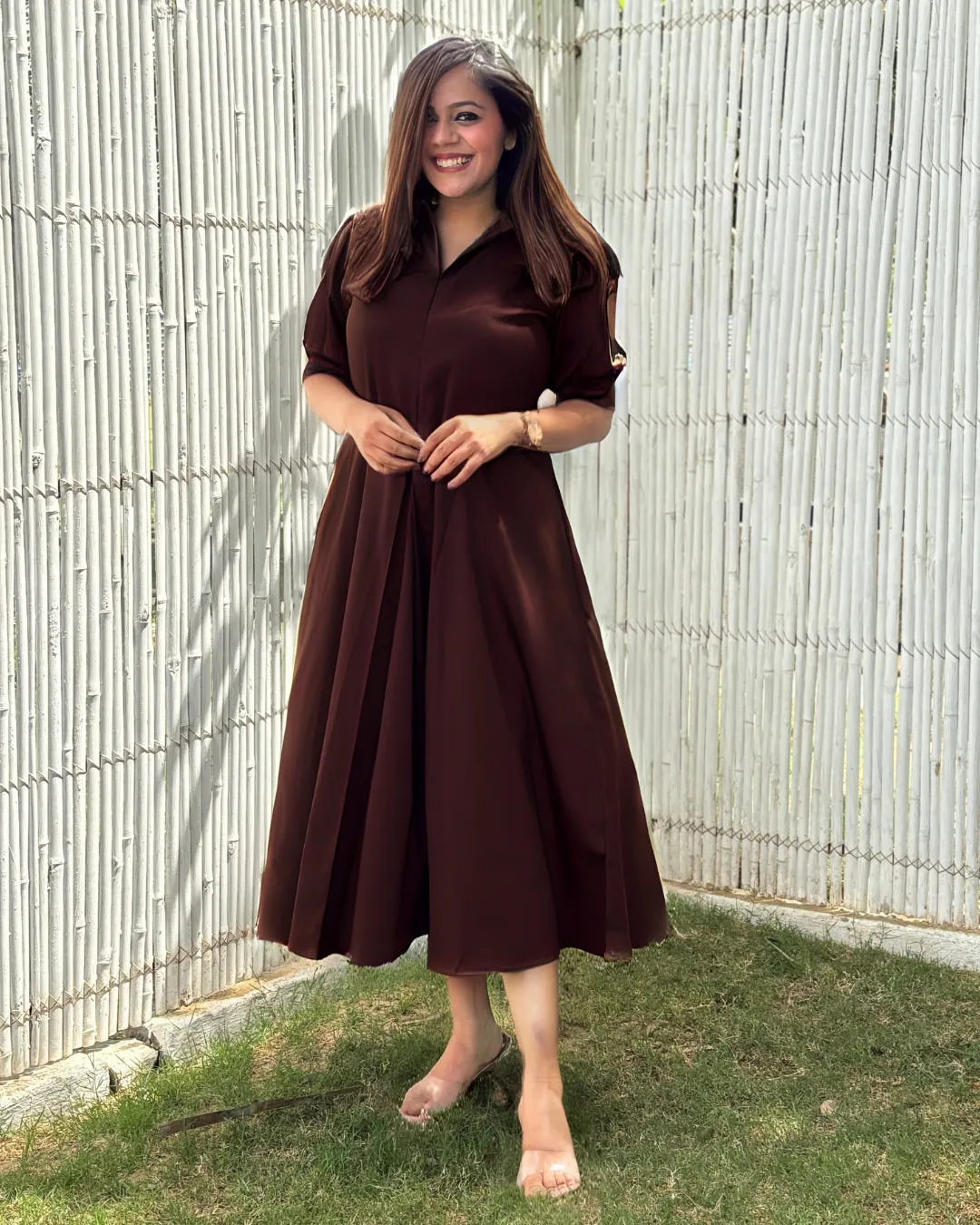 Brown Cotton A-line Dress