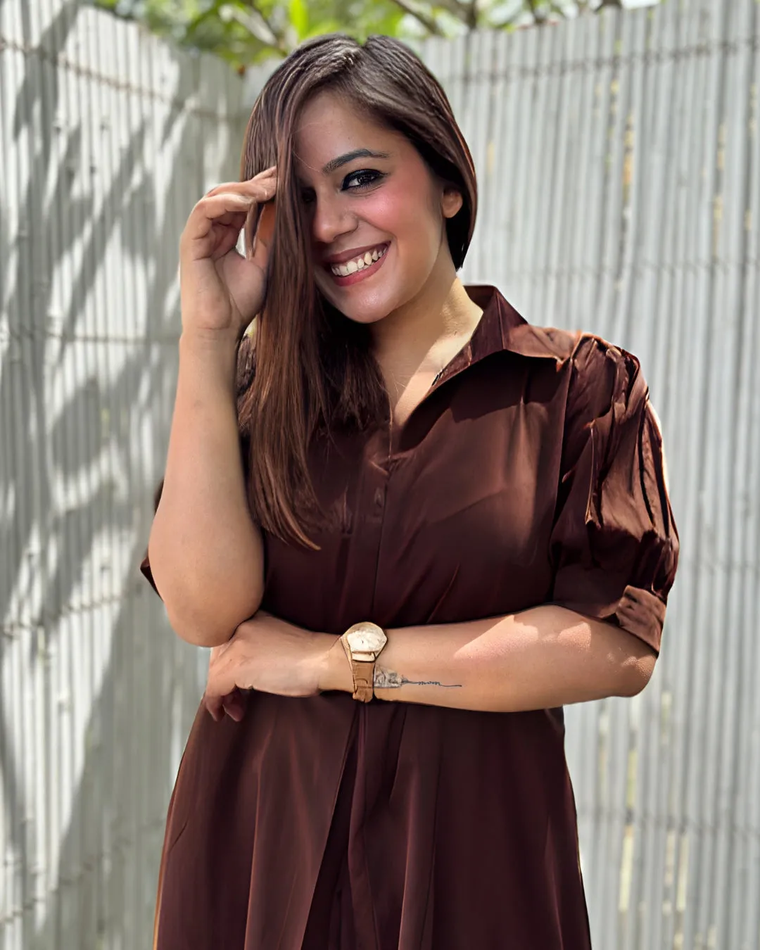 Brown Cotton A-line Dress