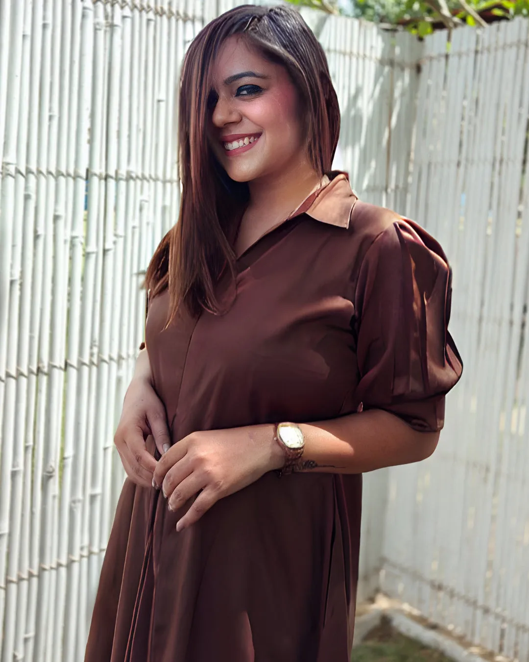 Brown Cotton A-line Dress