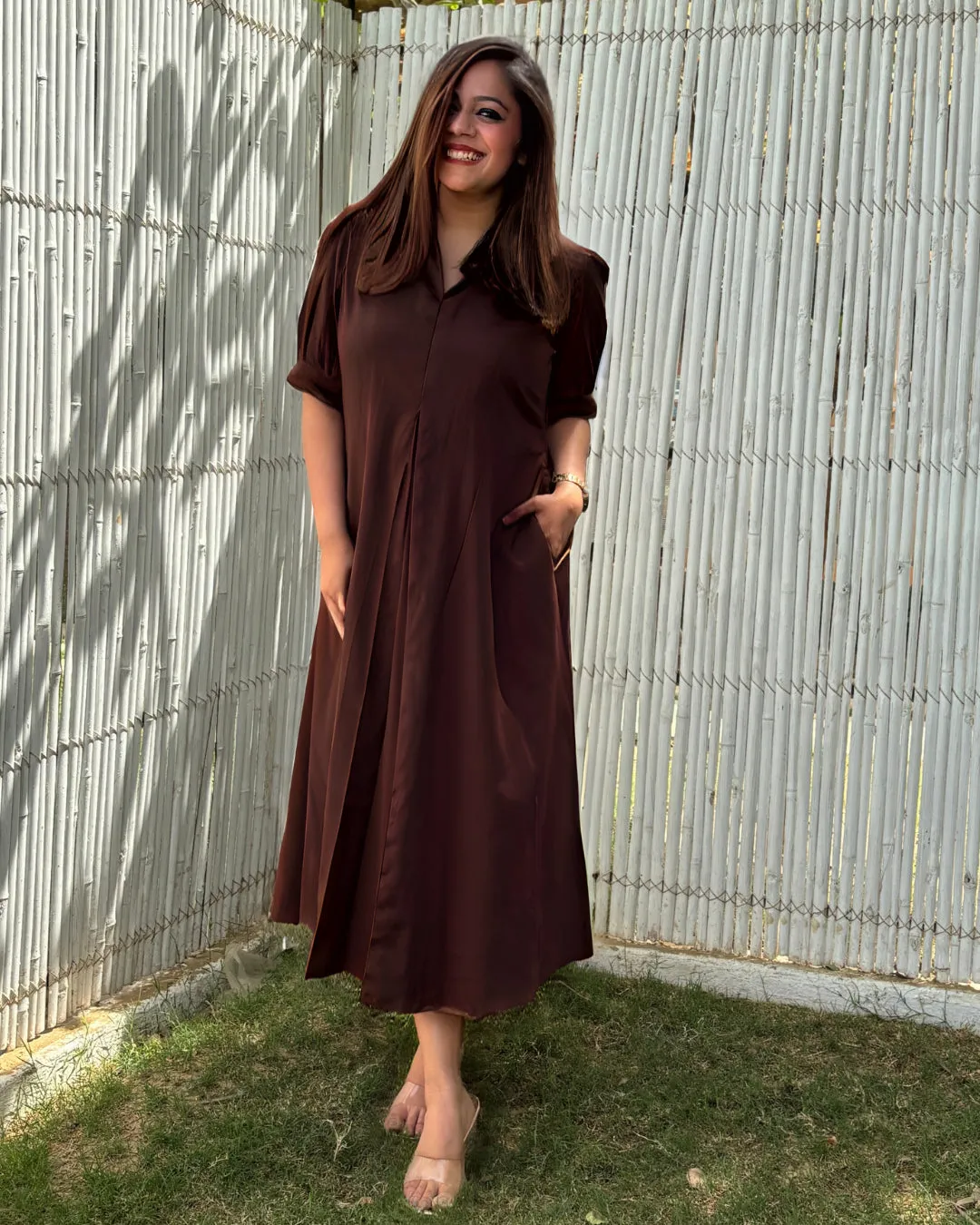 Brown Cotton A-line Dress