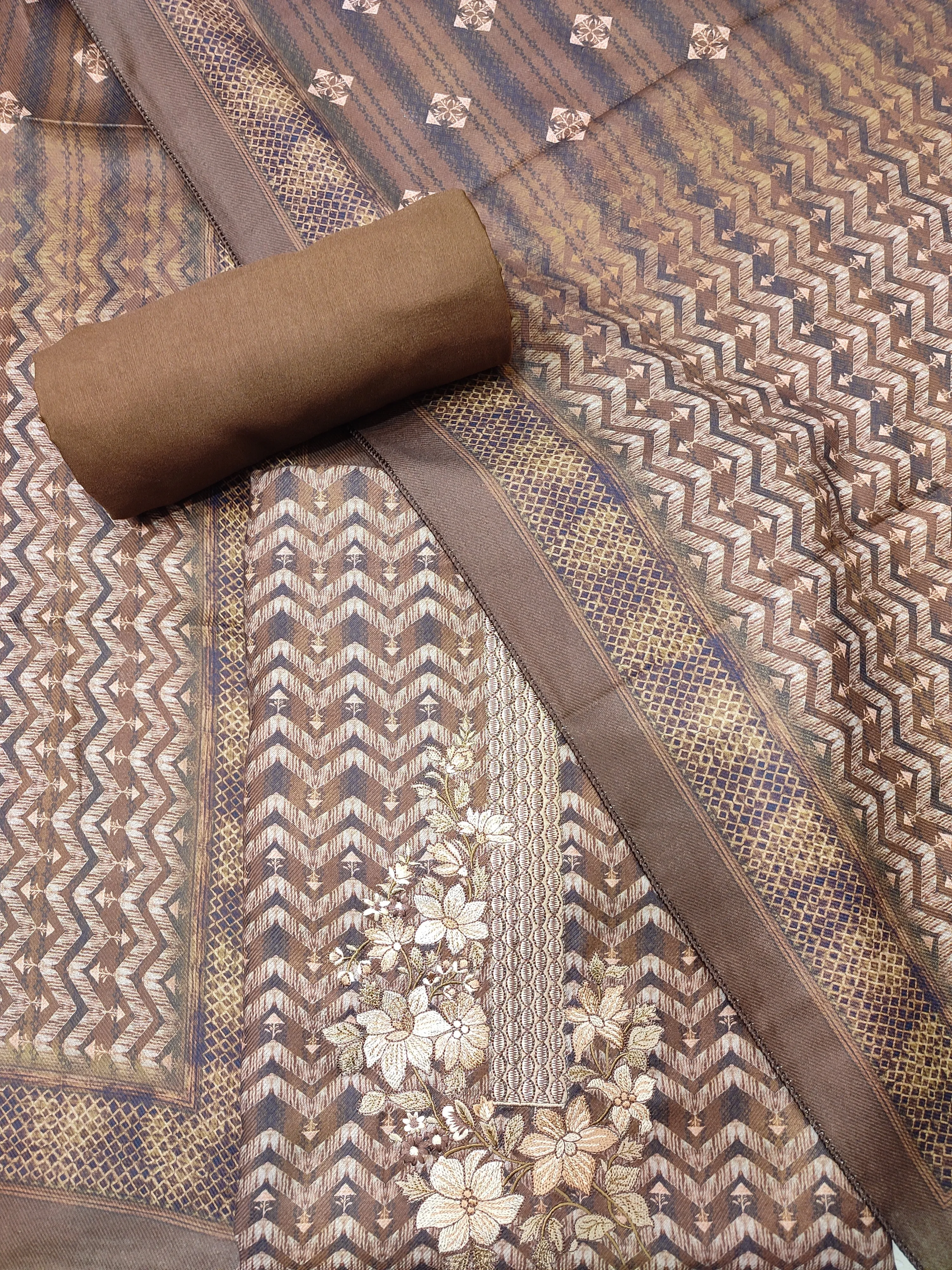 Brown Pashmina Unstitched Suit With Thread Embroidery