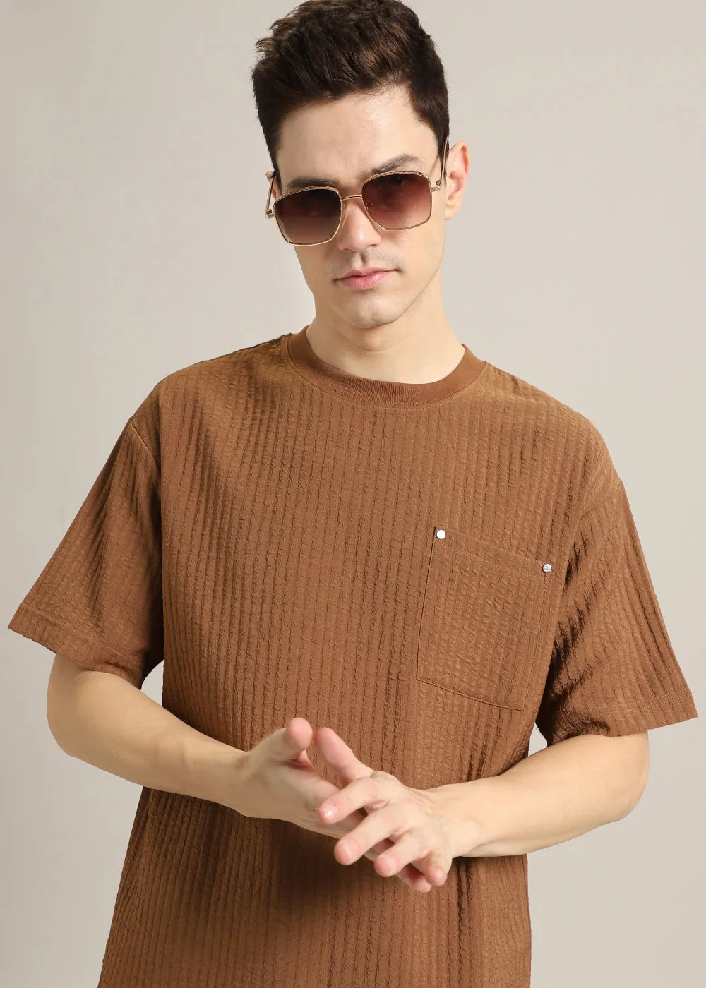 Brown Textured Oversized T-shirt