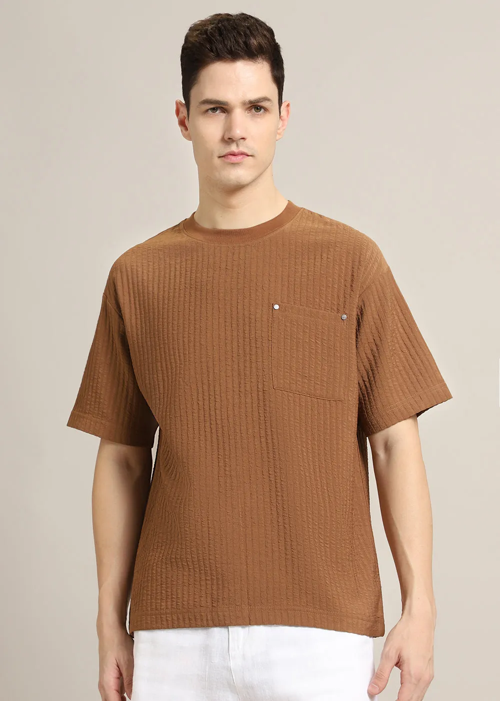 Brown Textured Oversized T-shirt