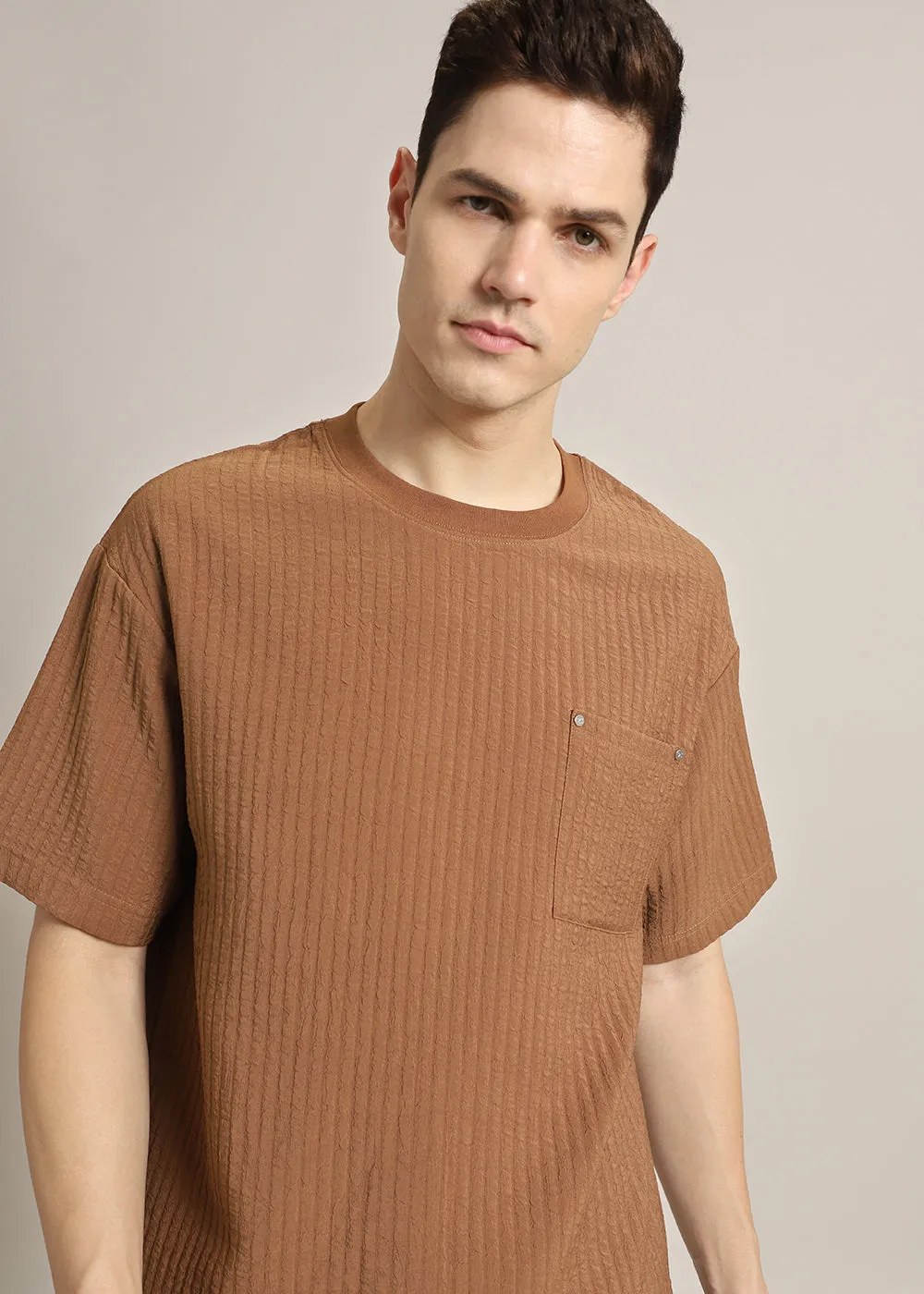 Brown Textured Oversized T-shirt