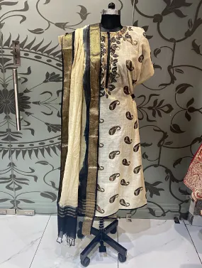 Cream Tussar Silk Printed Unstitched Suit With Cutdana Work