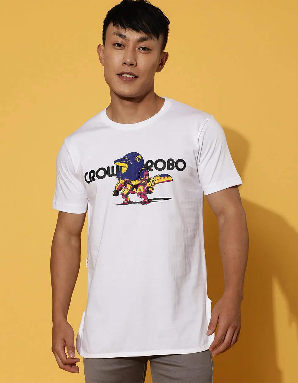 Crow Robo White High Low Regular Graphic Printed Tshirt