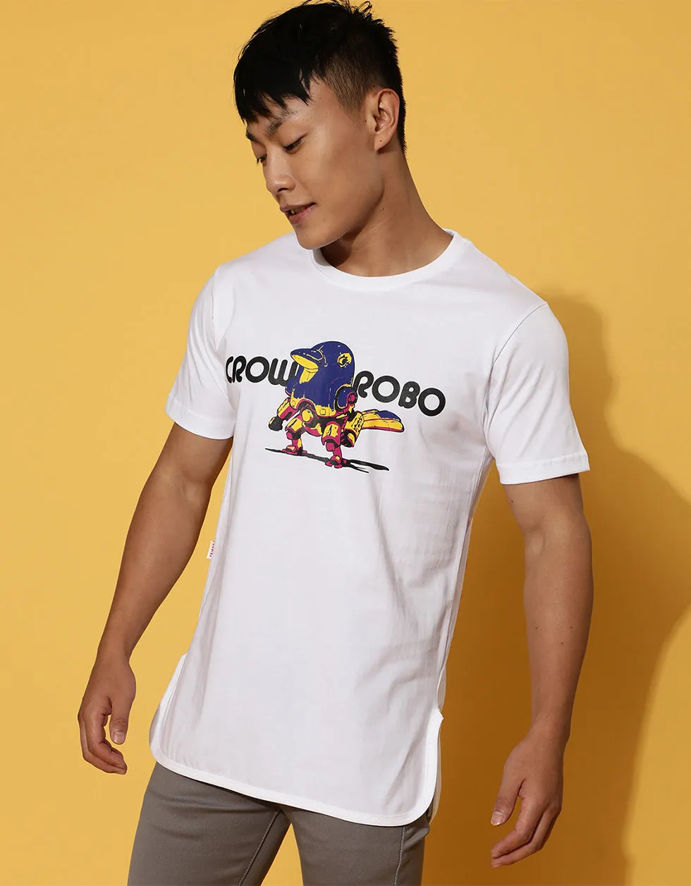 Crow Robo White High Low Regular Graphic Printed Tshirt