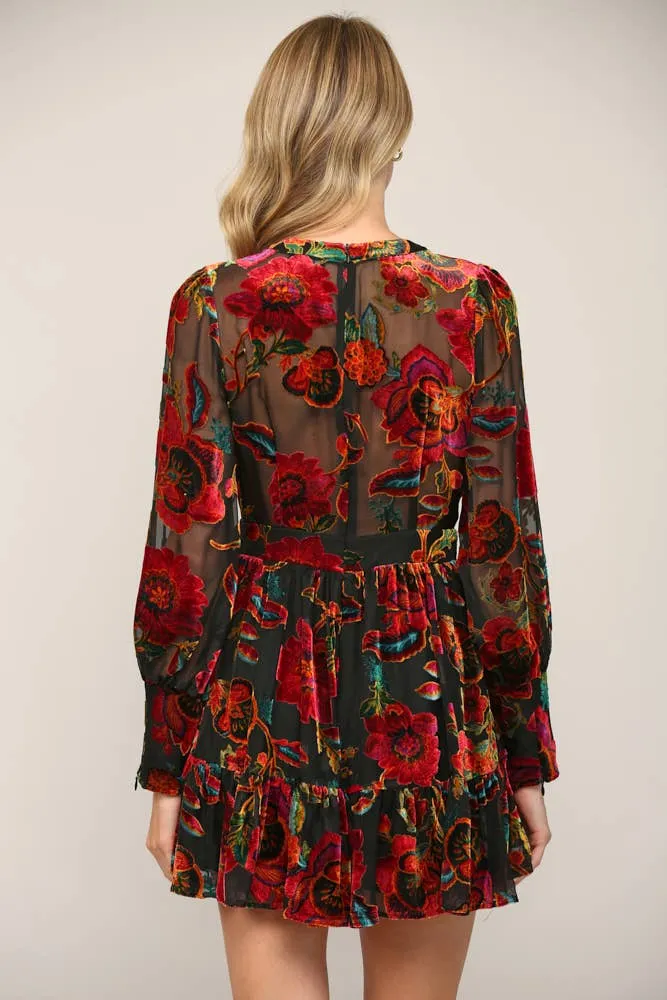 Floral Burnout Velvet Long Sleeve Dress