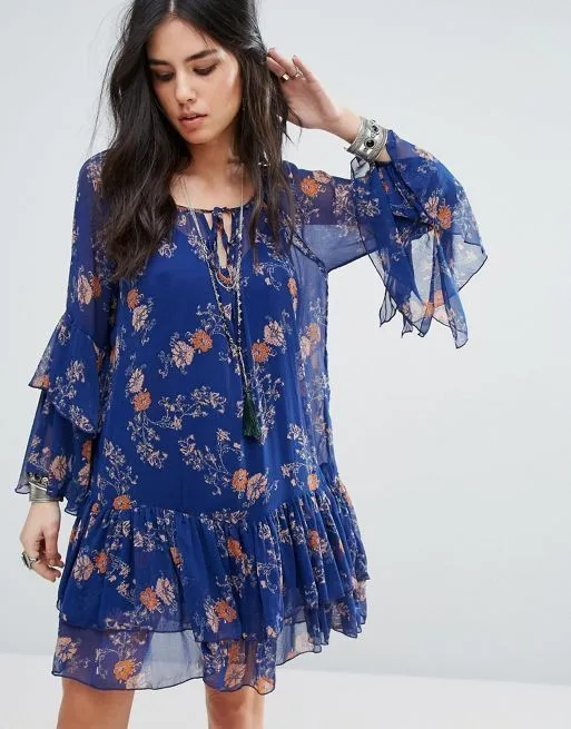 Free People Women's Floral Frill Tiered Swing Mini Dress, Blue, S