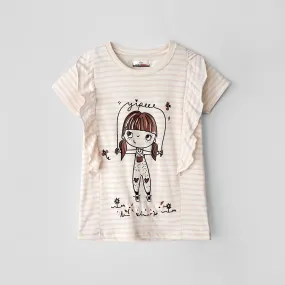 Girls Printed Soft Cotton Frill Shoulder Stripe T-Shirt