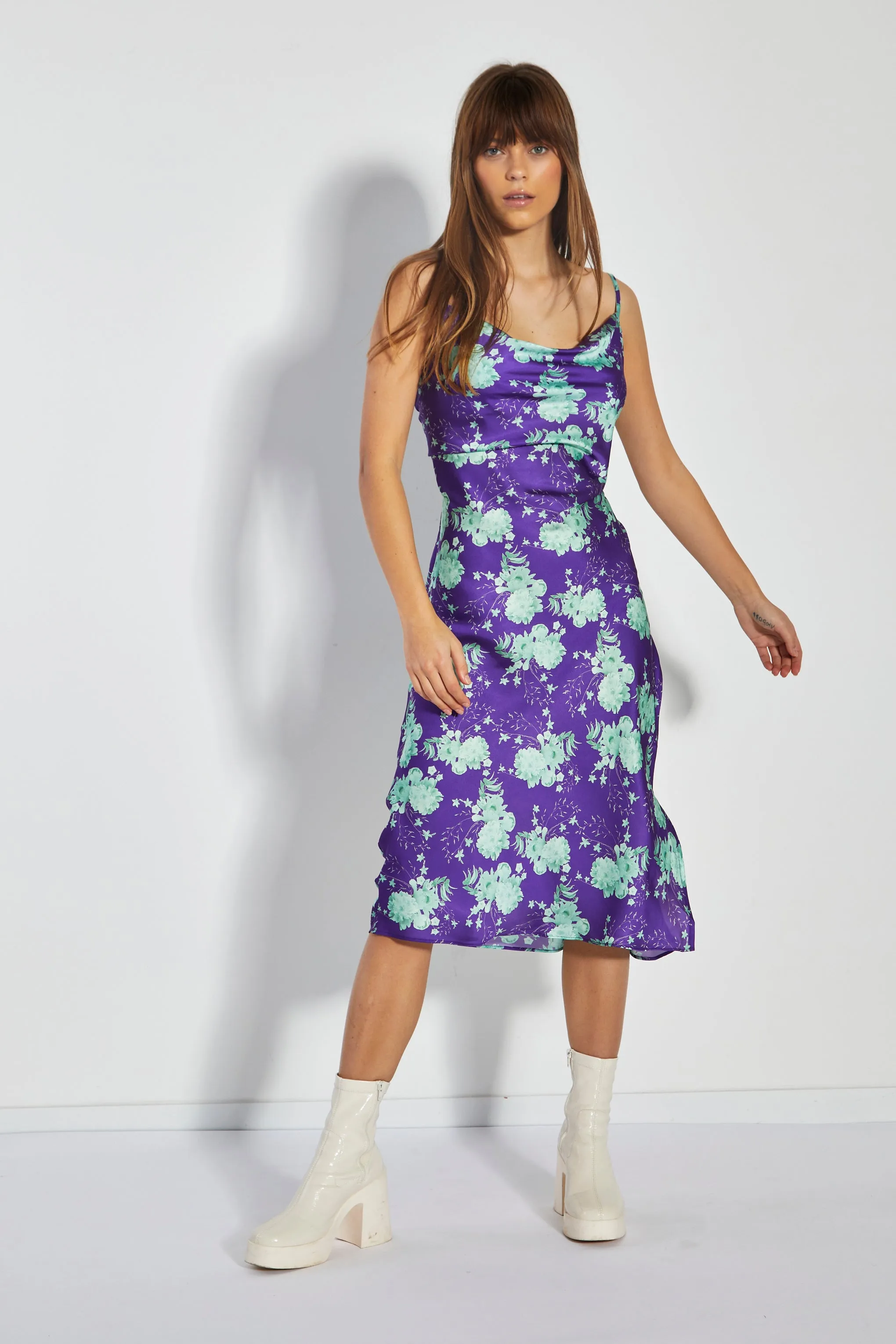 Glamorous Care Purple Green Floral Cowl Neck Midi Slip Dress