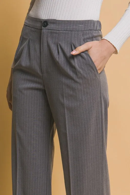 Grey Formal Striped Straight-Leg Pants