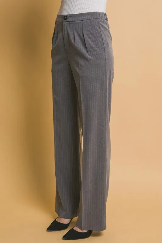 Grey Formal Striped Straight-Leg Pants