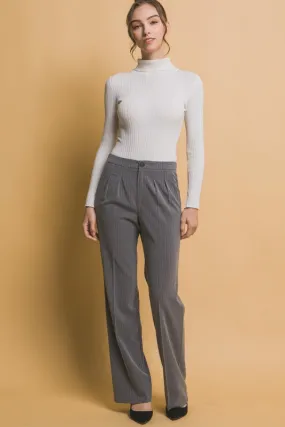 Grey Formal Striped Straight-Leg Pants