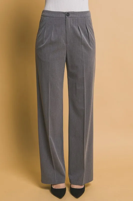 Grey Formal Striped Straight-Leg Pants