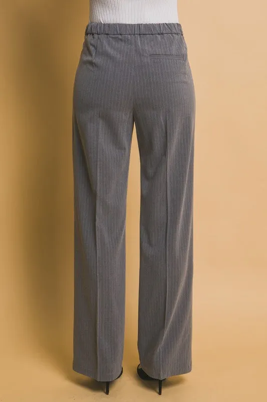 Grey Formal Striped Straight-Leg Pants