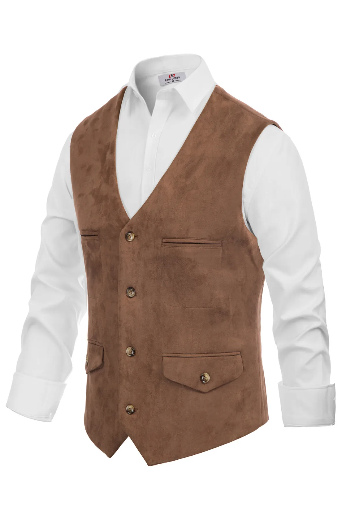 Men's Suede Leather Vest Casual V-Neck Single Breasted Slim Fit Western Cowboy Vest with Pockets