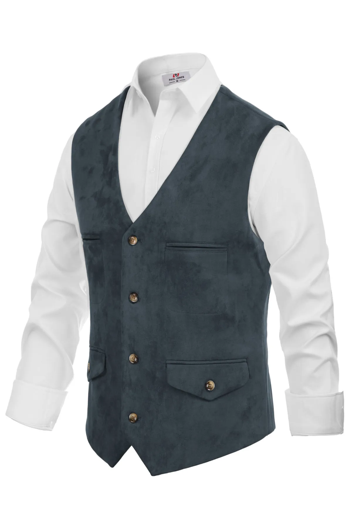 Men's Suede Leather Vest Casual V-Neck Single Breasted Slim Fit Western Cowboy Vest with Pockets