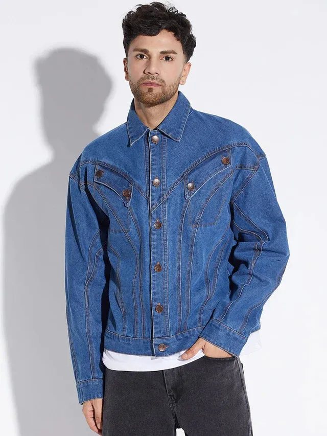 Mid Wash Wavy Panelled Oversized Denim Jacket