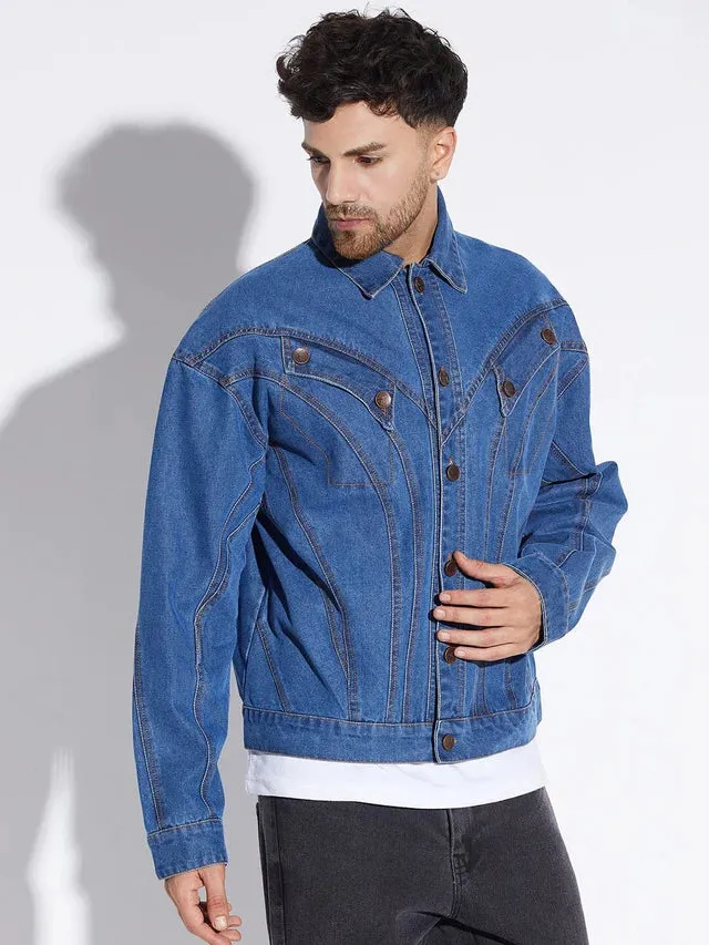 Mid Wash Wavy Panelled Oversized Denim Jacket