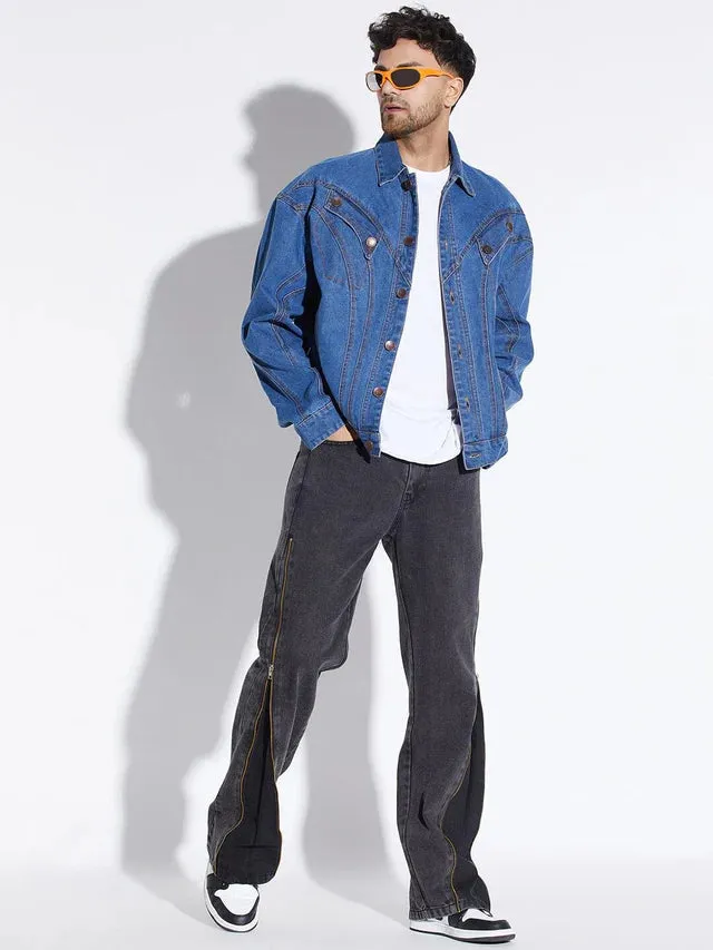 Mid Wash Wavy Panelled Oversized Denim Jacket