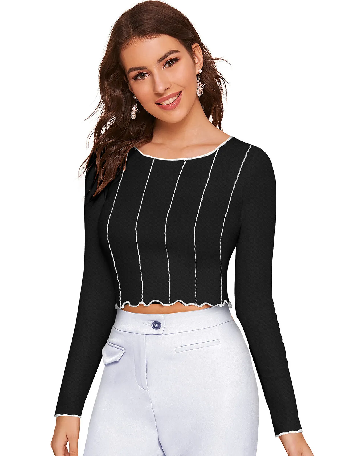 Odette Black Polyester Striped Top For Women