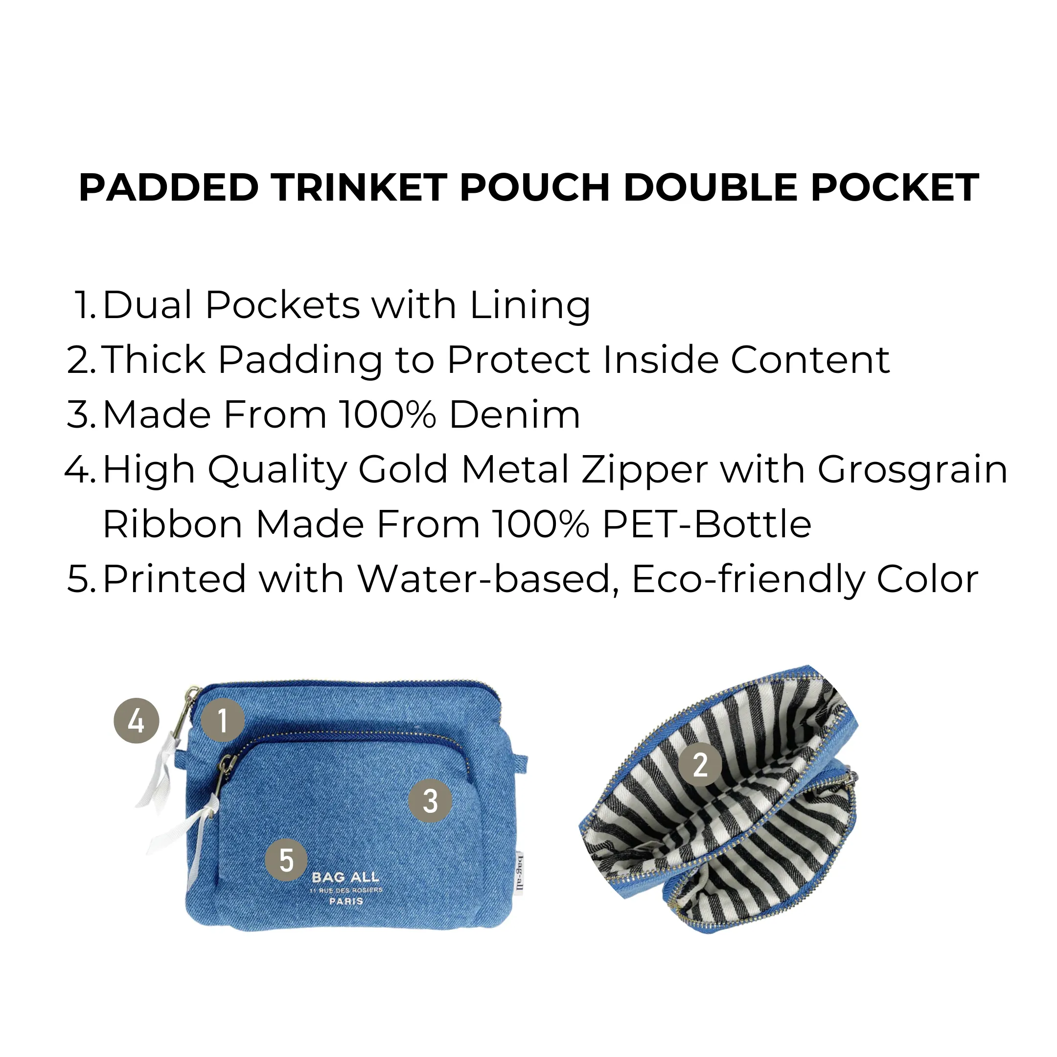 Padded Trinket Pouch Double Pocket, Denim