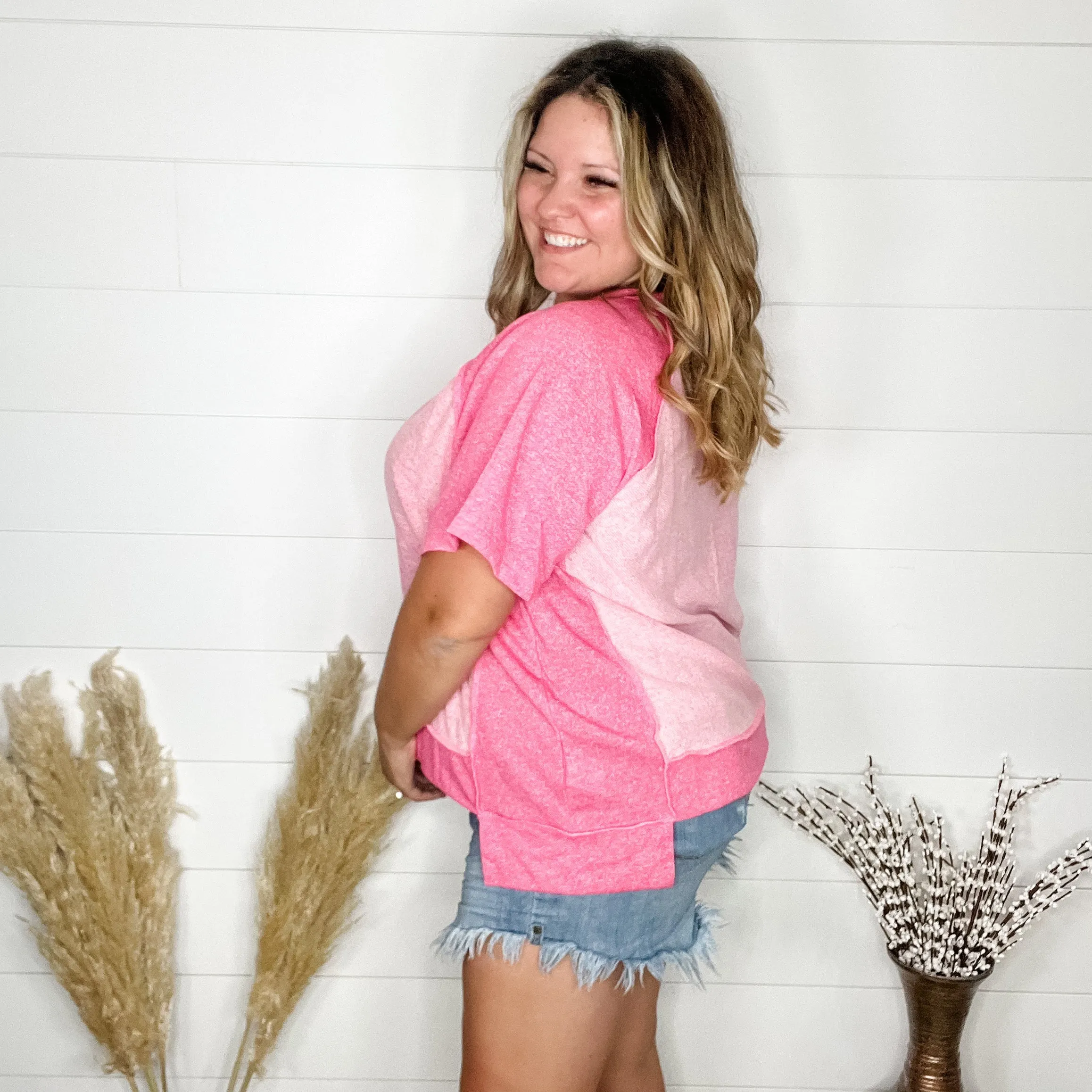 "Dunnigan" Oversized Short Sleeve with Button Front Detail (Pink)