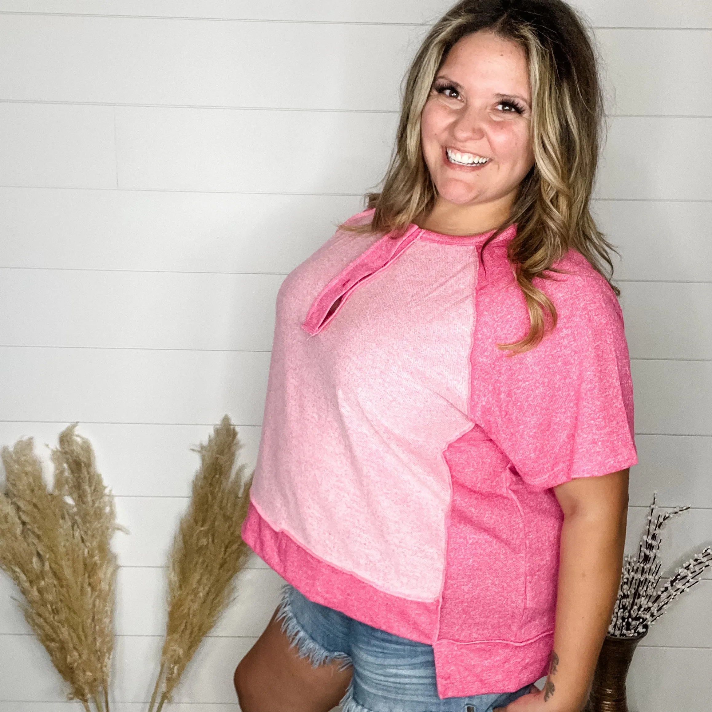 "Dunnigan" Oversized Short Sleeve with Button Front Detail (Pink)