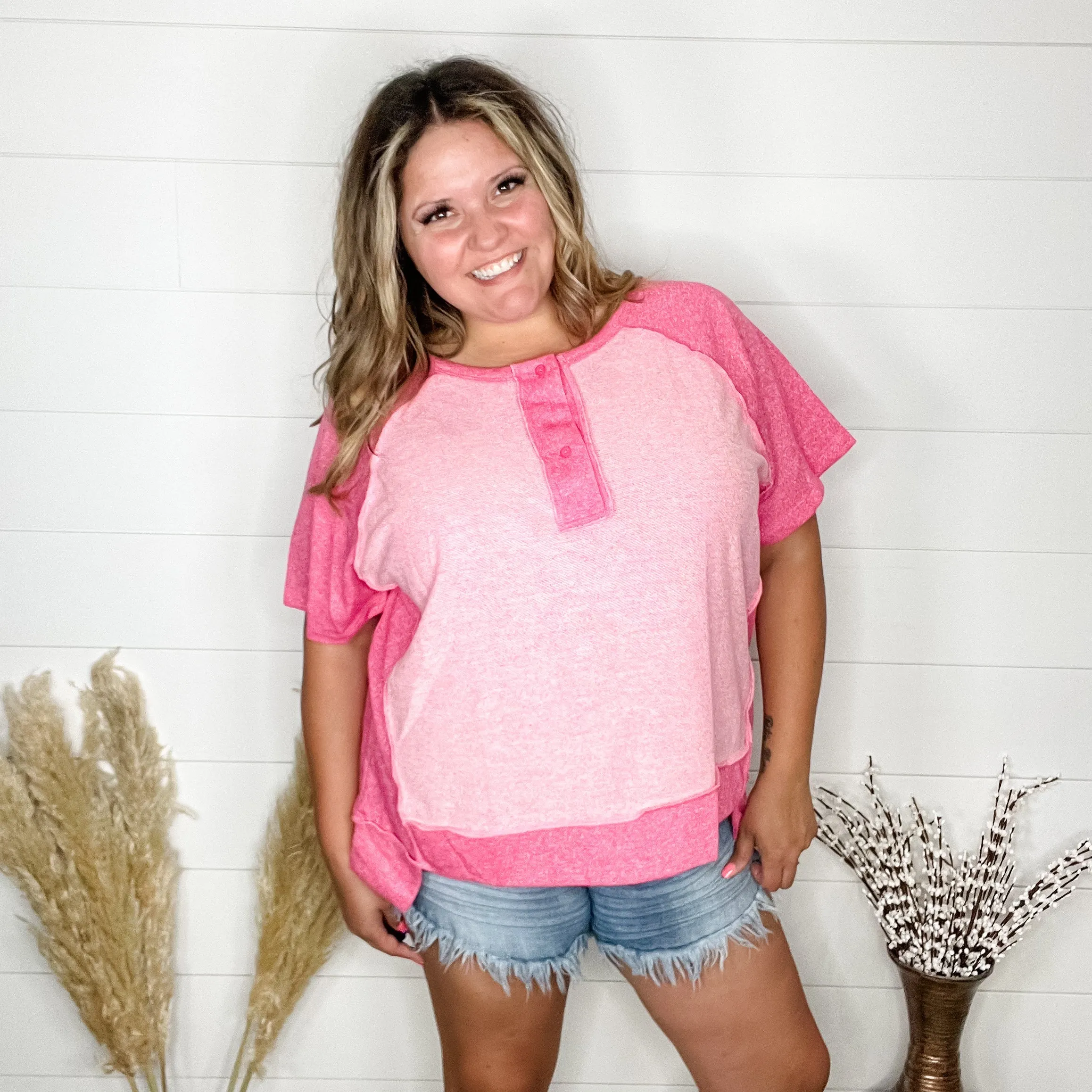 "Dunnigan" Oversized Short Sleeve with Button Front Detail (Pink)