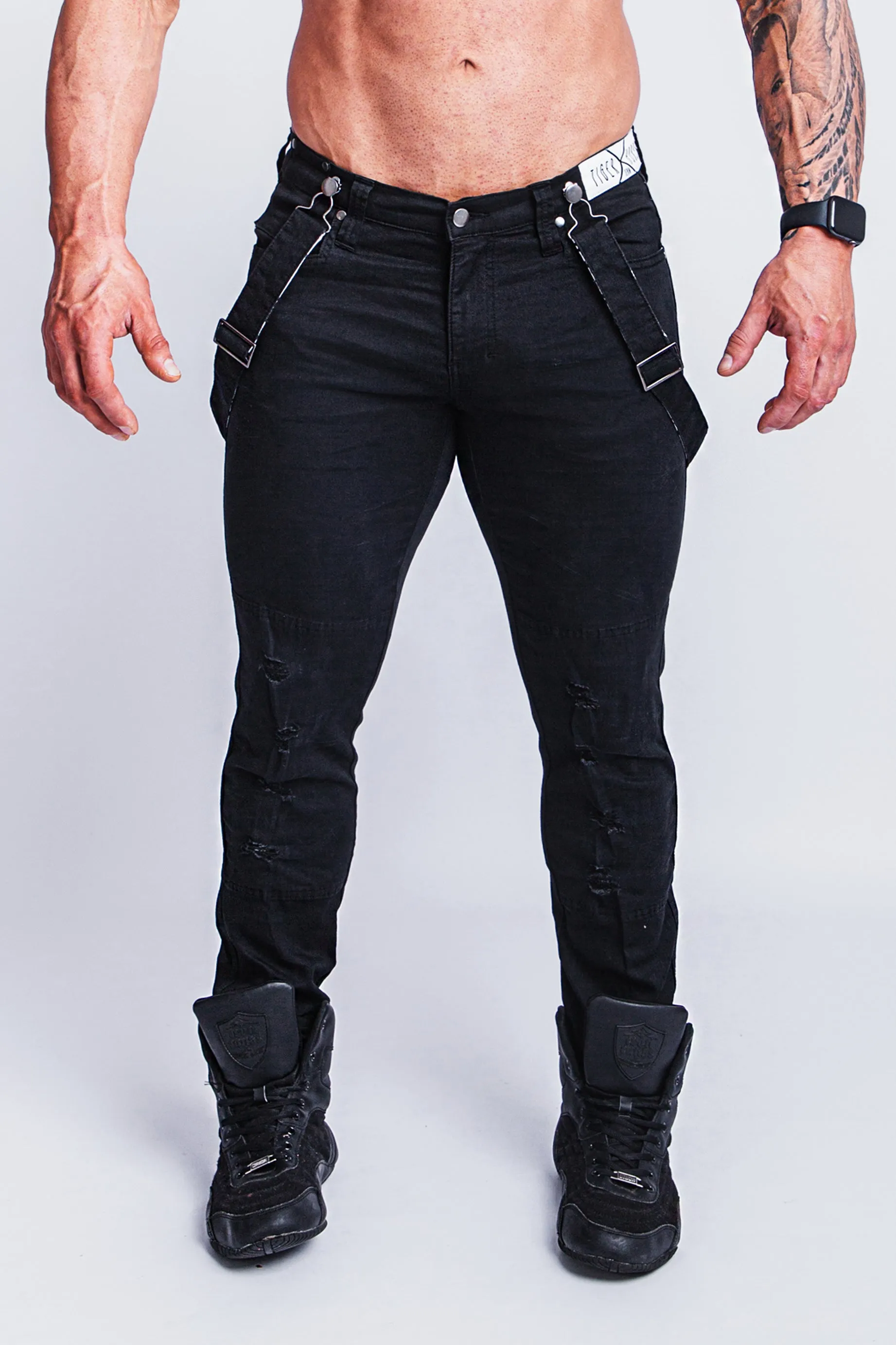 Double-Black Distressed Romey Jeans with Holes and Backing