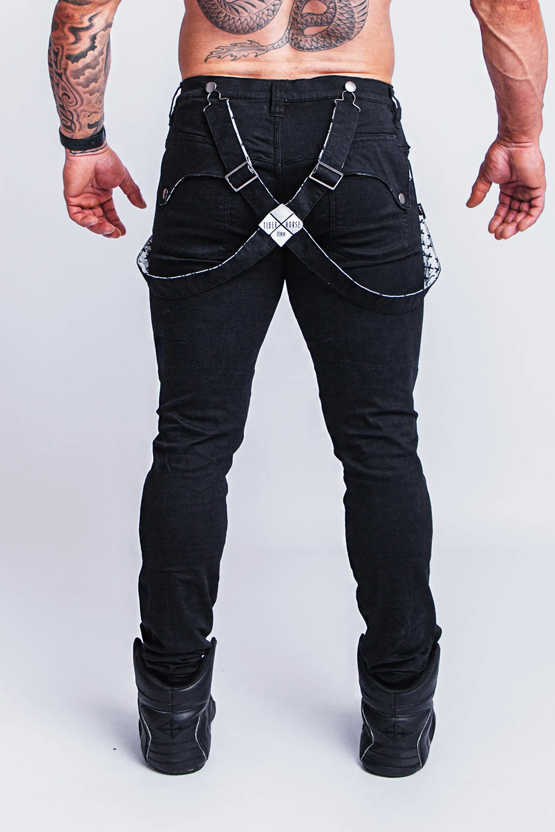 Double-Black Distressed Romey Jeans with Holes and Backing