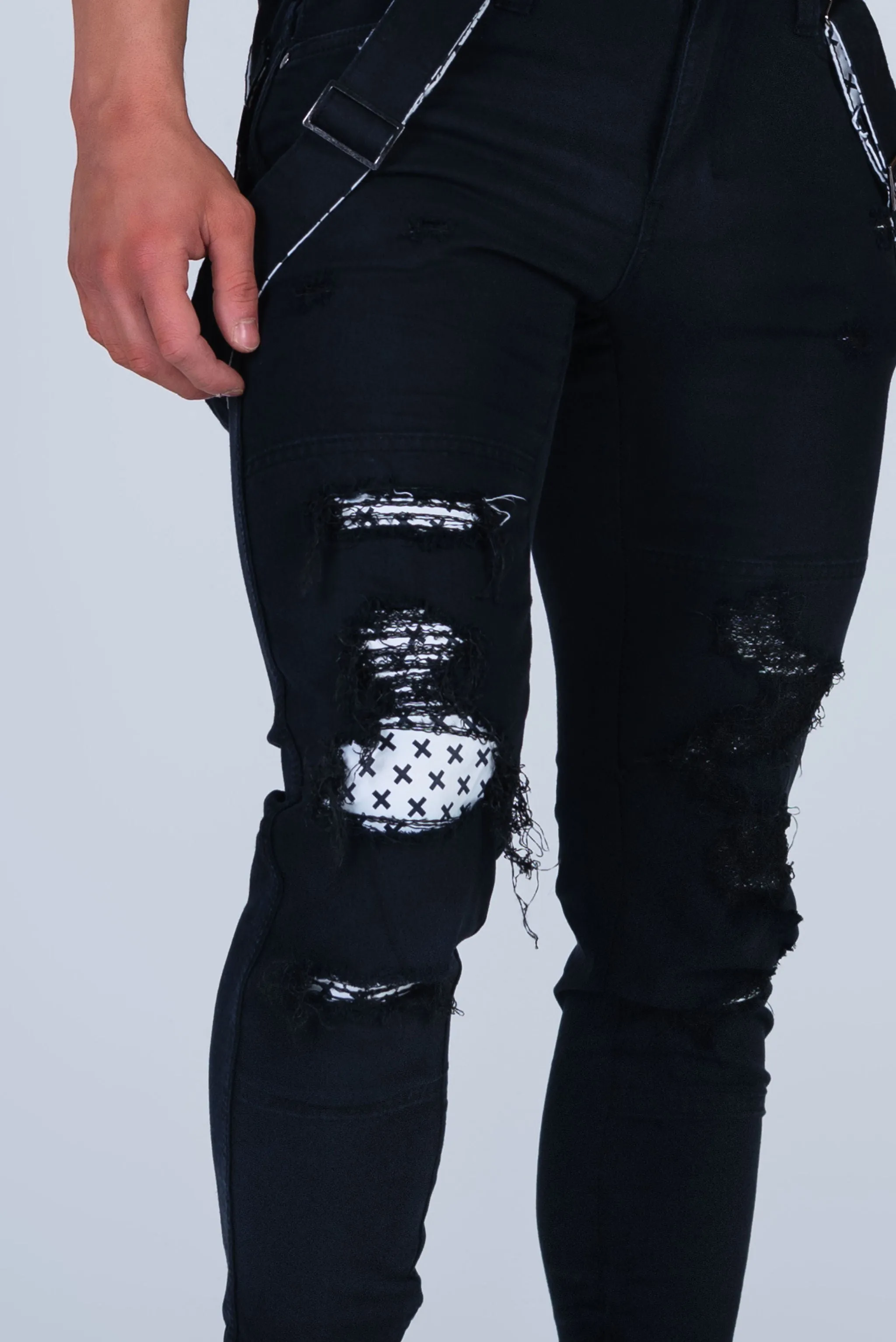 Double-Black Distressed Romey Jeans with Holes and Backing