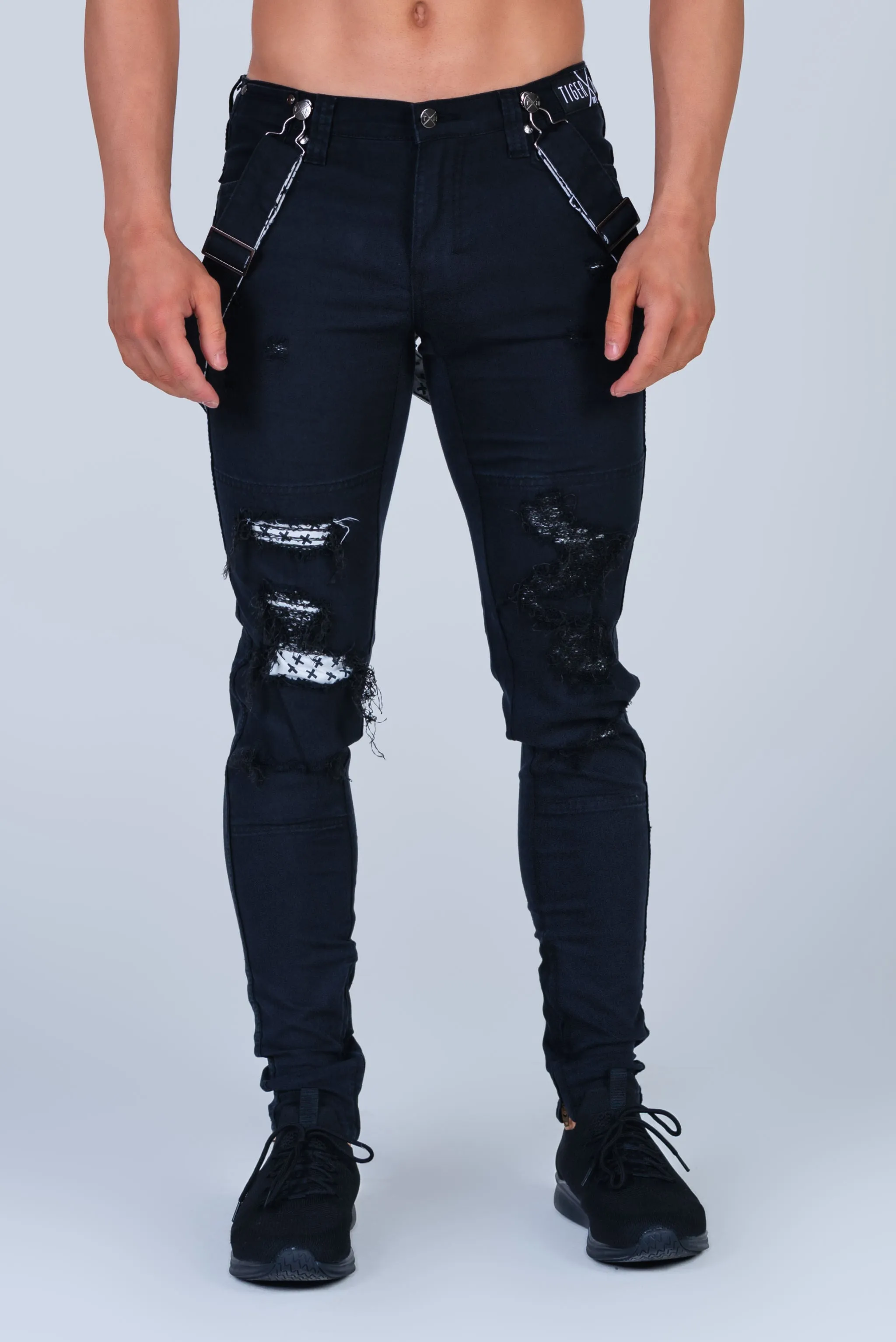 Double-Black Distressed Romey Jeans with Holes and Backing