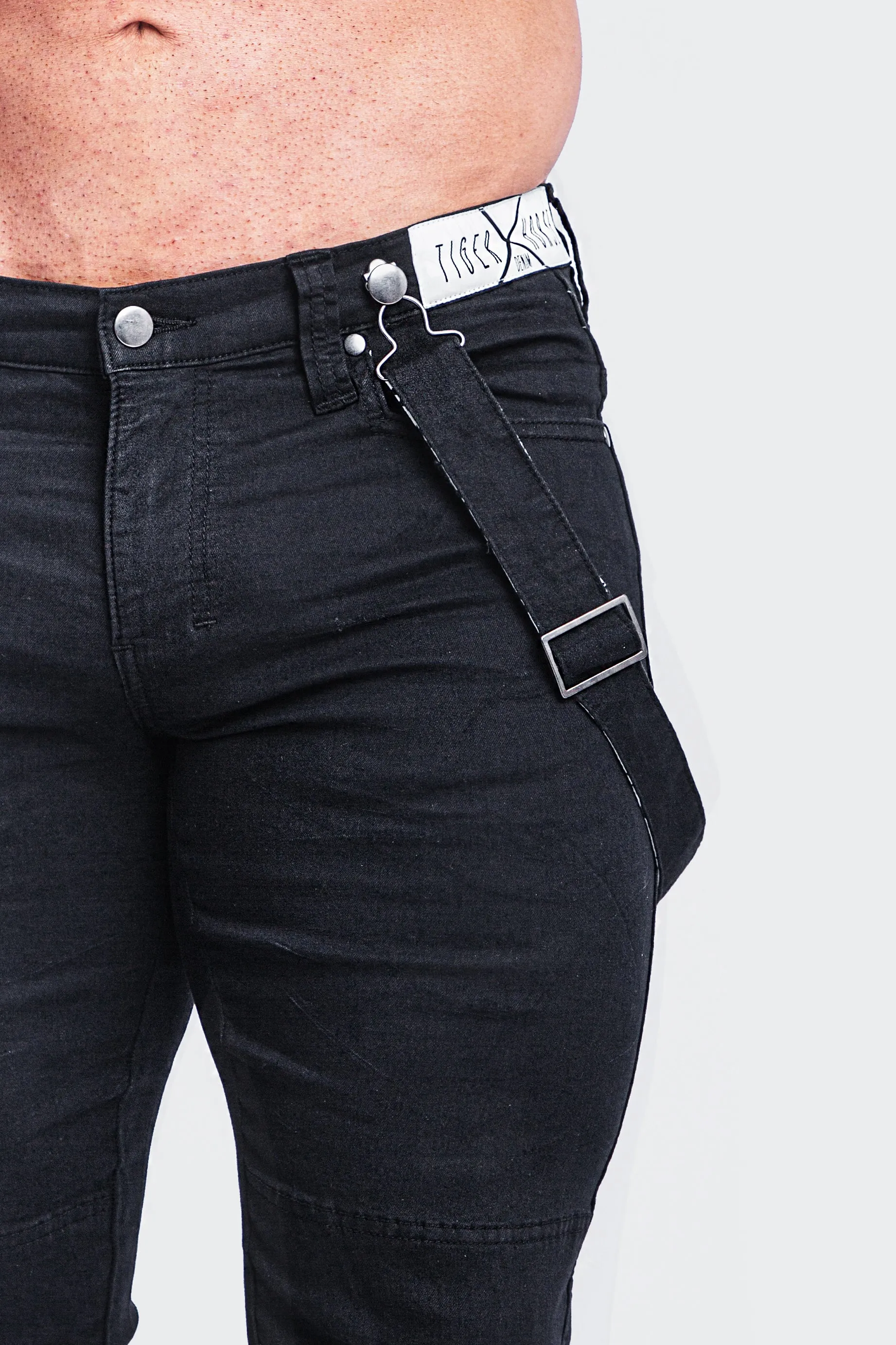 Double-Black Distressed Romey Jeans with Holes and Backing